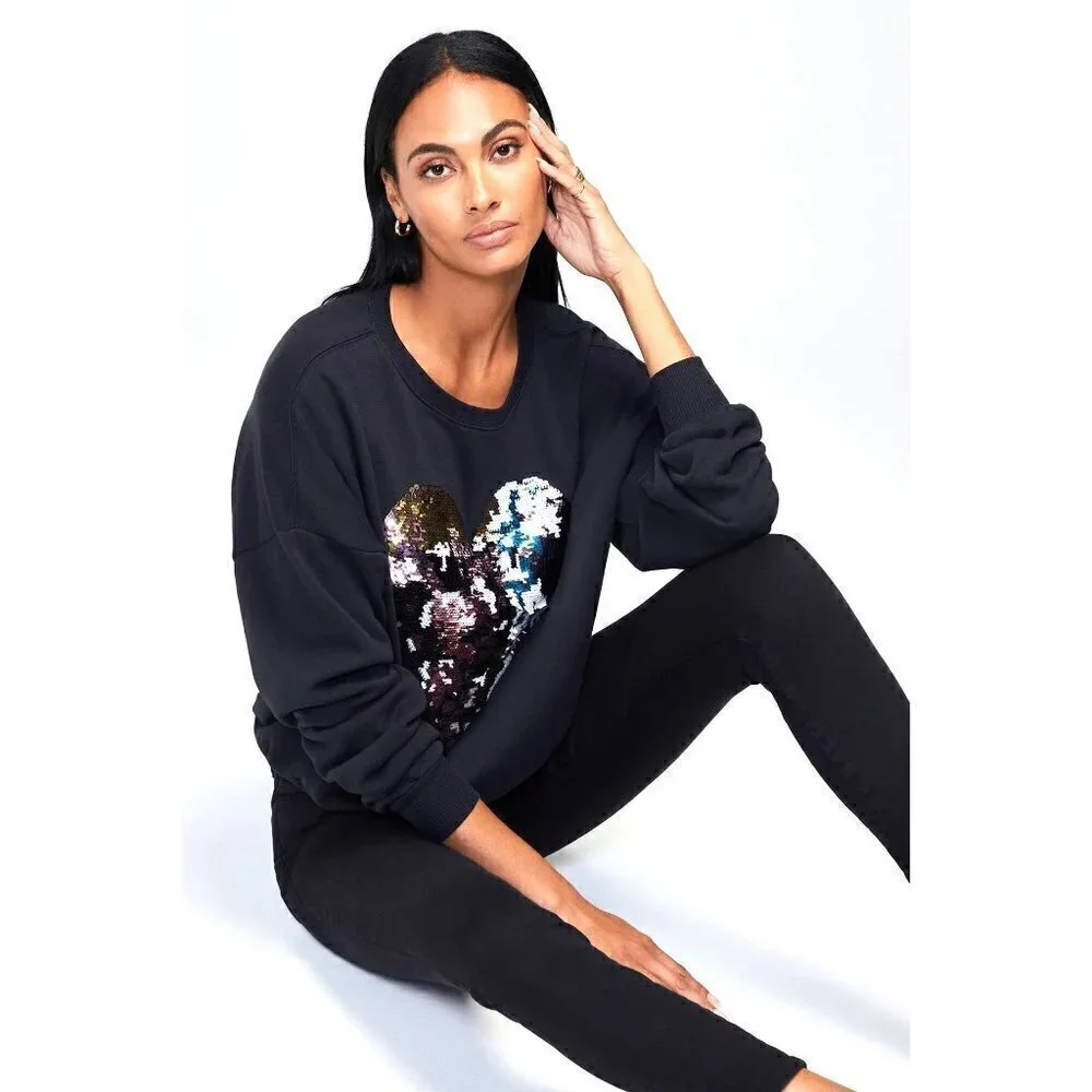 Wildfox Harlequin Heart Fifi Sweatshirt Black Womens Sz XS Oversized Sequins NEW - Picture 3 of 13